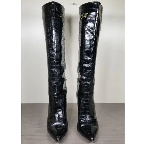 Steve Madden Triumph Croc-Embossed Boots, Black Faux Leather, Womens Size 8 M - Picture 2 of 11